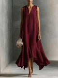 Solid Color Loose Long Dress For Women Summer Sexy V-neck Sleeveless Fashion Irregular Hem Dresses Lady Foreign Style Streetwear by Adornity