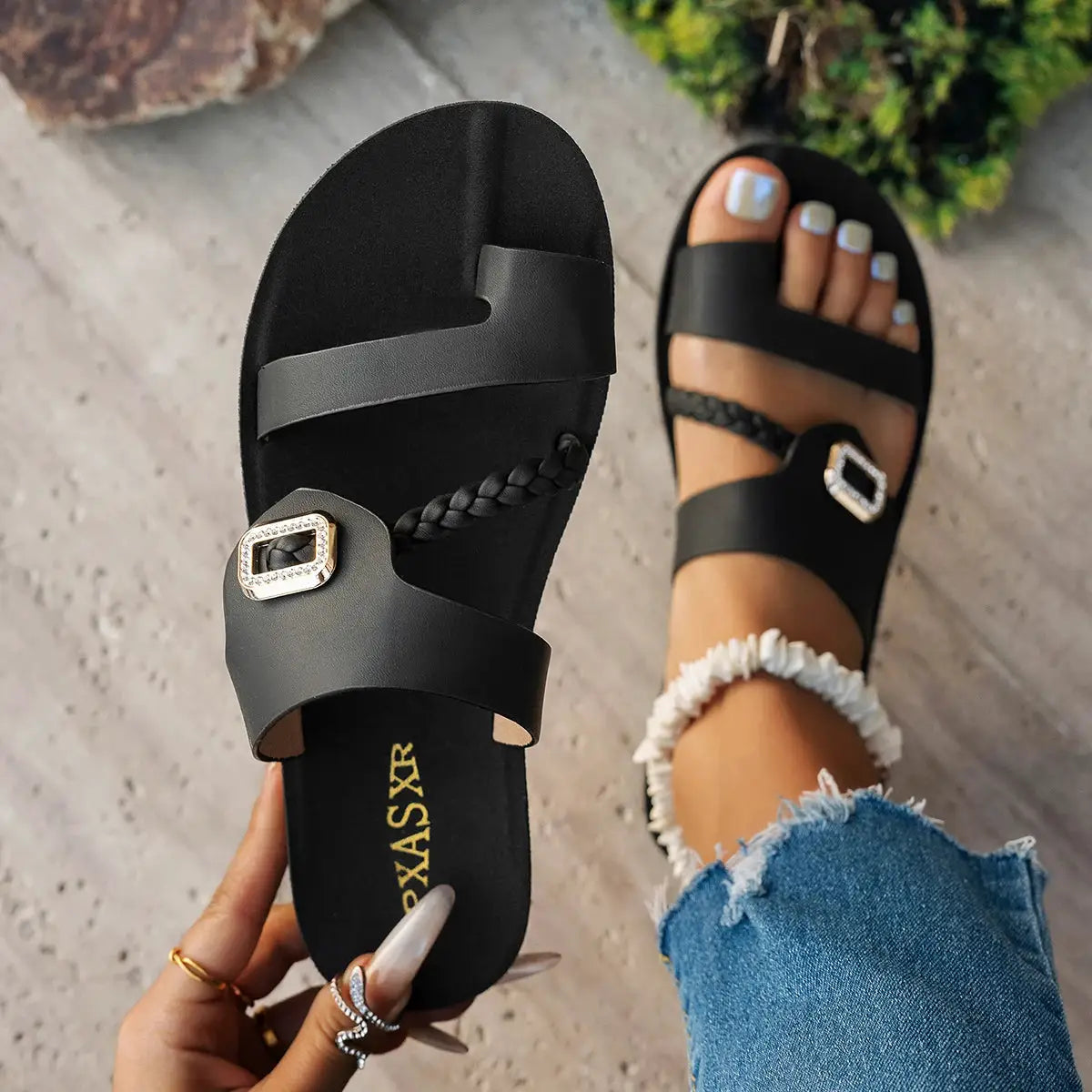 Summer Ladies Flat Sandals Fashion Diamond Buckle Elegant Woven Strap Comfortable Easy-To-Wear Thong Slippers by Hegichi