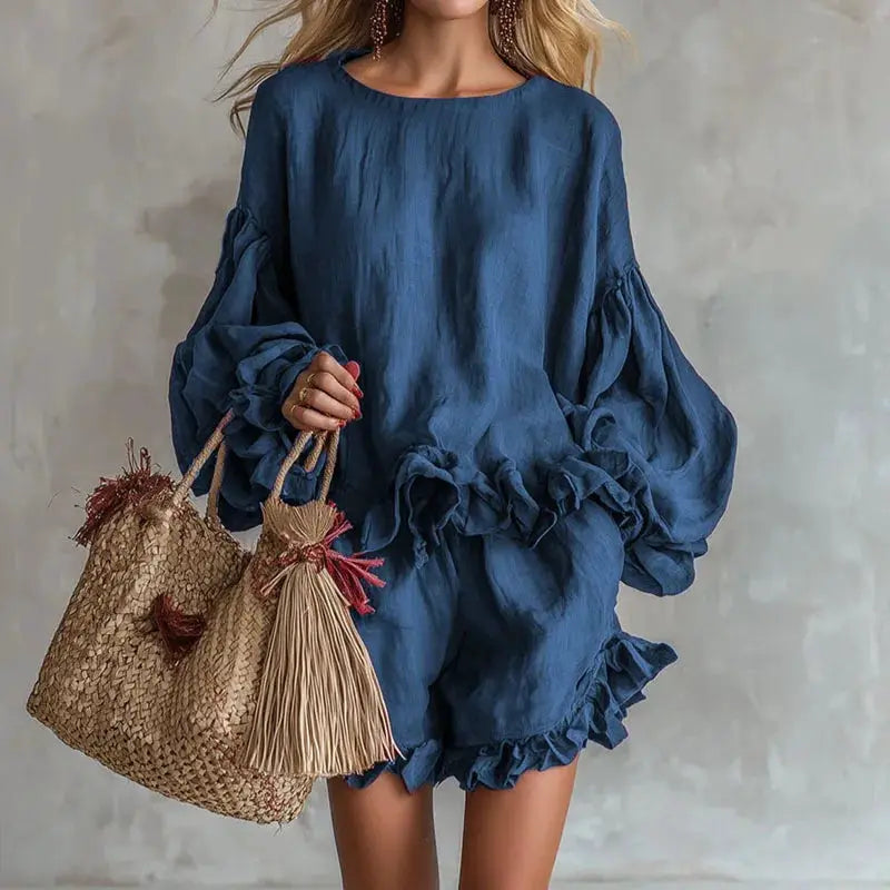 Bohemian Casual Vacation Outfits Woman Elegant O Neck Ruffle Hem Top And Beach Shorts Set Spring Solid Loose Fit Streetwear Suit by Adornity