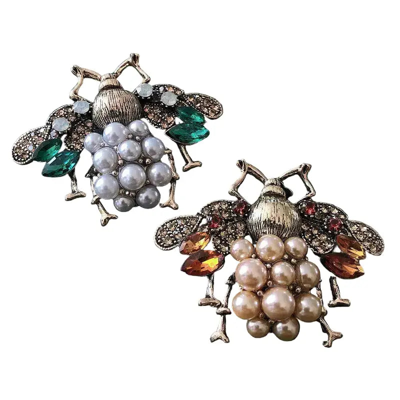Vintage Bee Brooch - Pearl Crystal Rhinestone Metal Insect Pin Badge by Adornity