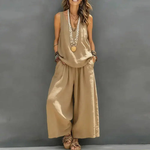 Boho Vacation Summer Beach Outfits Woman Sexy V Neck Hollow Top Wide Leg Pants Sets Spring Casual Sleeveless Loose Suit Harajuku by Adornity