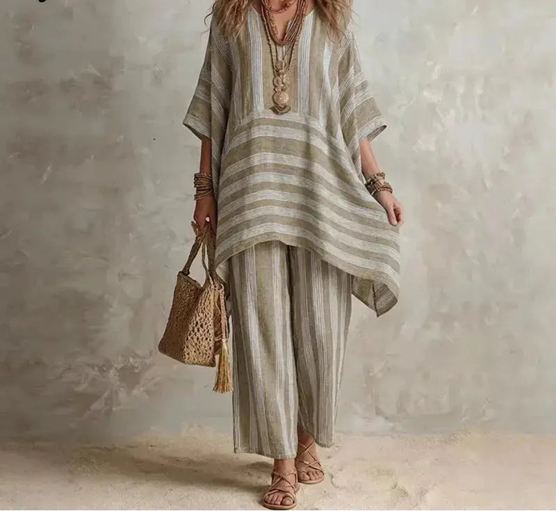 Boho Vintage Striped Print 2 Piece Sets Woman Spring V Neck Half Sleeve Top Wide Leg Pants Outfit New Summer Beach Vacation Suit by Adornity