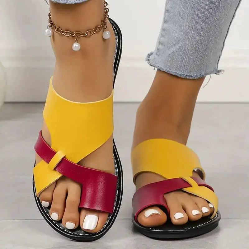 Mix Color Flat Sandals Women 2026 Summer Pu Leather Clip Toe Outdoor Slippers Woman Plus Size 43 Non Slip Beach Slide Flip Flops by Hegichi