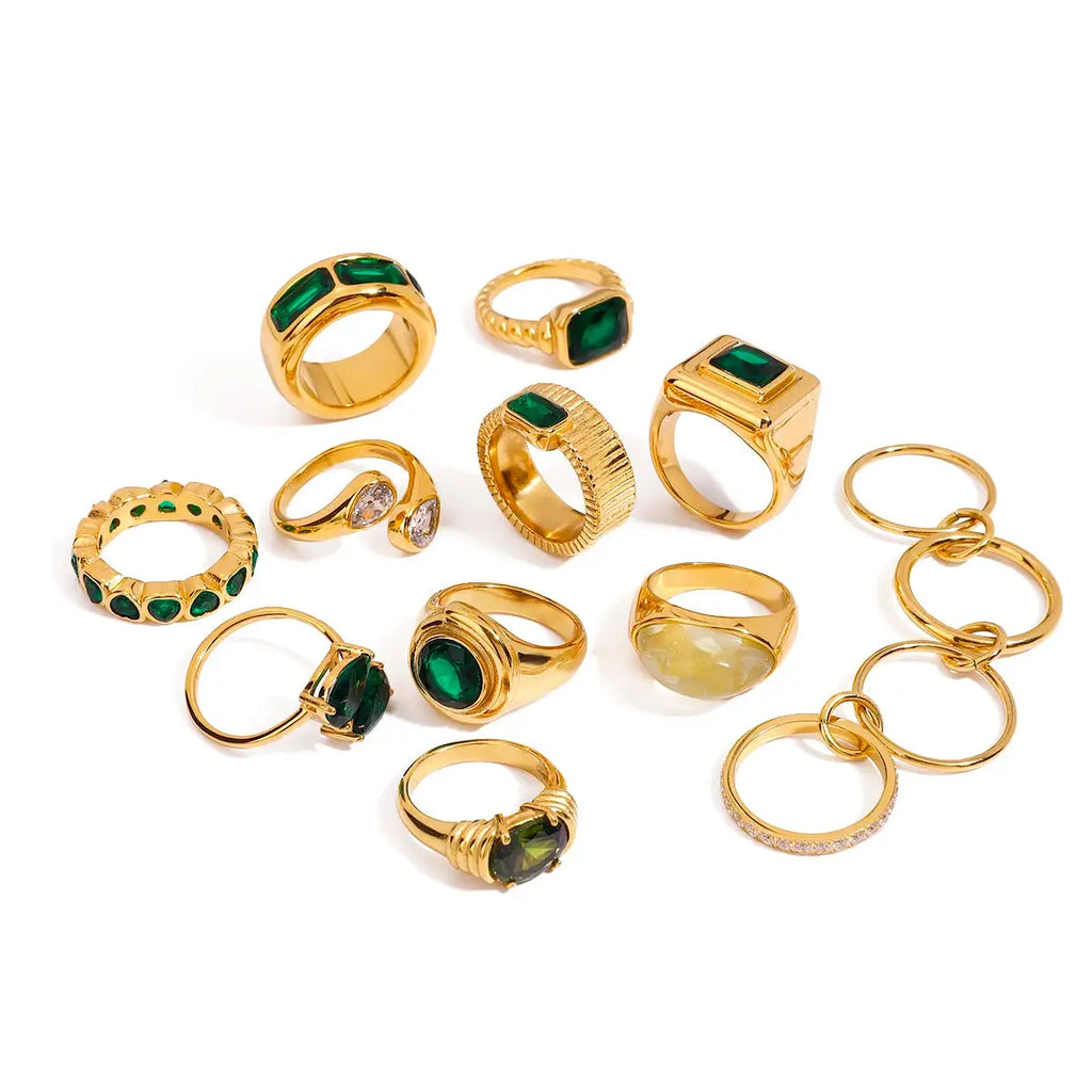 Uworld Retro Green Zircon Ring 18k Gold Color Plated Stainless Steel Round Ring Can be Stacked as a Gift for Women's Accessories by Adornity