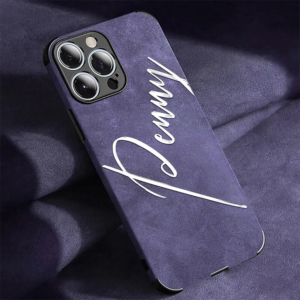 Large Brush Calligraphy Name Customized Phone Case For iPhone 16 15 14 13 12 11 Pro Max Lambskin Faux Leather Shockproof Cover by Hegichi