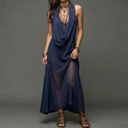 Solid Loose Elegant Maxi Dress Women's Summer Sleeveless Halter Patchwork Beach Style Holiday Fashion Simple Ladies Party Dress by Adornity