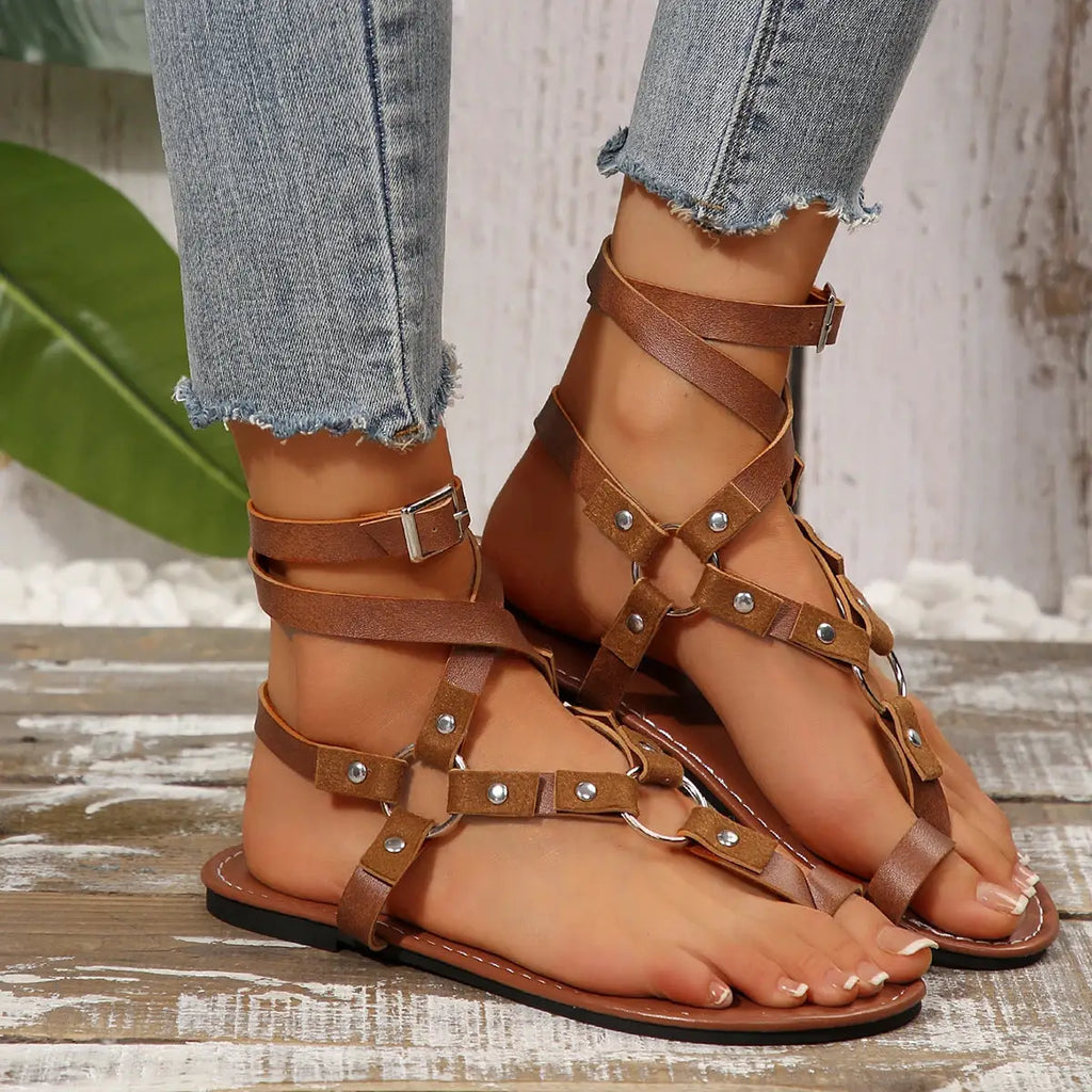 Rome Women Shoes 2026 Summer Hot Sale Women's Sandals Retro Ankle Buckle Rivet Flat Sandals British Style Plus Size Lady Shoes by Hegichi