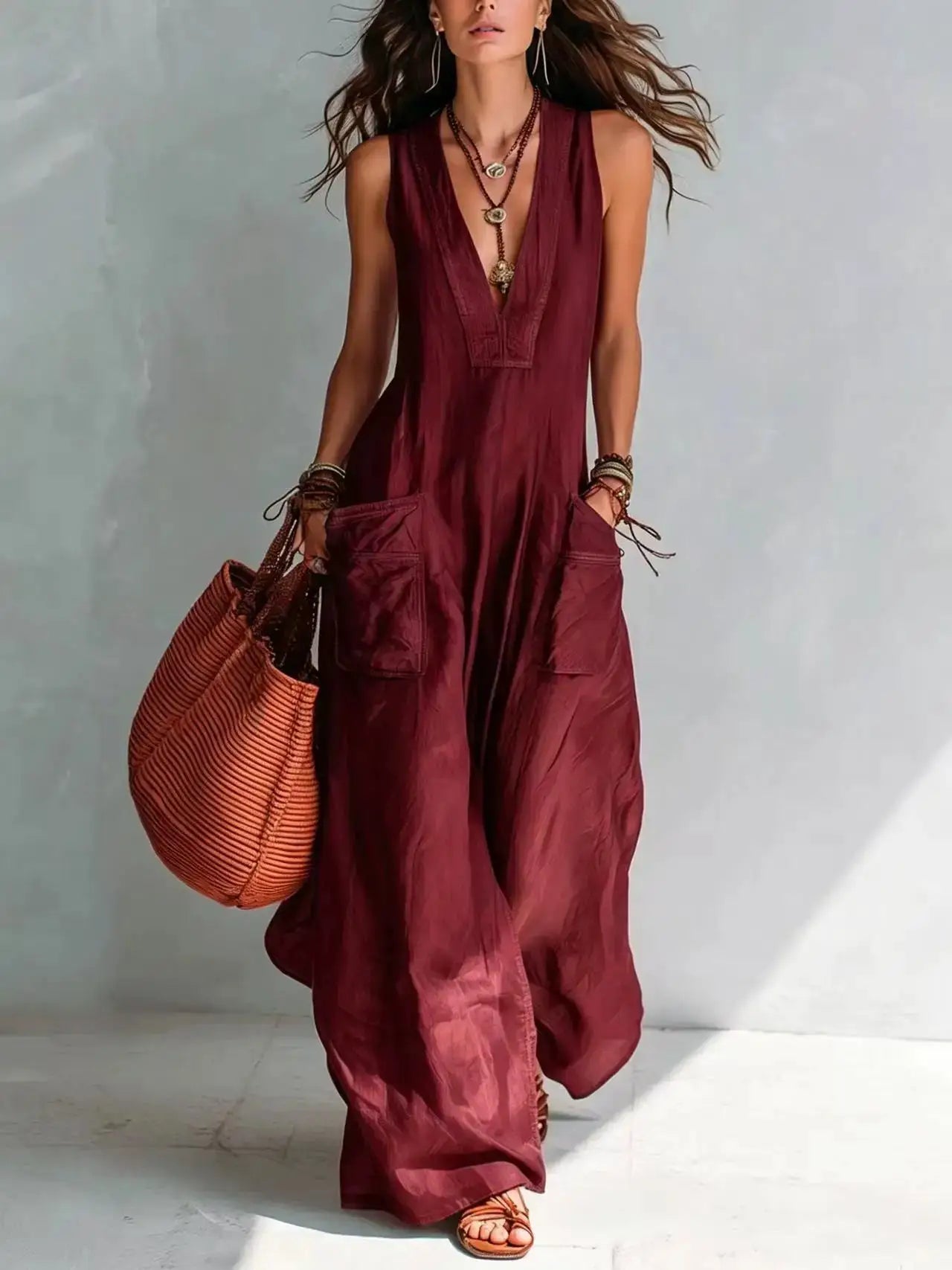 Summer Sleeveless Cotton Linen Jumpsuit Women V Neck Loose Wide Leg Pants Double Pocket Jumpsuit Casual Commuting Bodysuits by Adornity