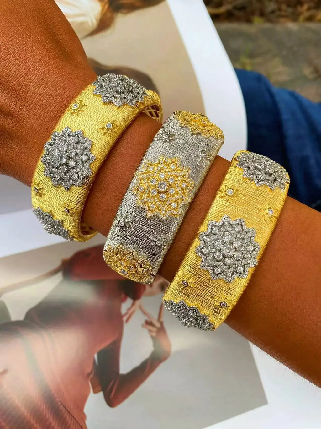Gold Plated Bracelet – Cubic Zirconia Ring & Flower Pattern Vintage Copper Bangles Set by Adornity