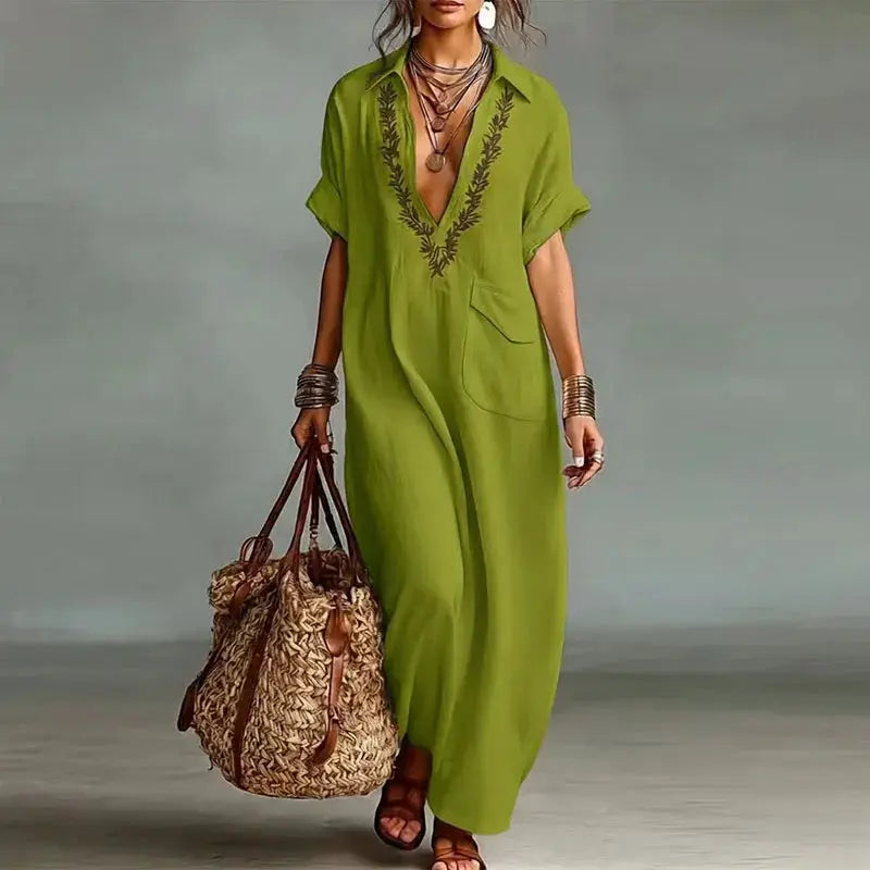 Womens Sexy Deep V Neck Print Bohemian Dress Spring Vintage Loose Long Party Dress Summer Short Sleeve Beach Vacation Maxi Dress by Adornity