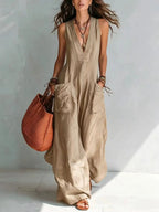 Summer Sleeveless Cotton Linen Jumpsuit Women V Neck Loose Wide Leg Pants Double Pocket Jumpsuit Casual Commuting Bodysuits by Adornity