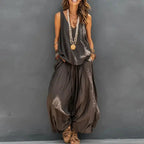 Boho Vacation Summer Beach Outfits Woman Sexy V Neck Hollow Top Wide Leg Pants Sets Spring Casual Sleeveless Loose Suit Harajuku by Adornity