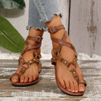 Rome Women Shoes 2026 Summer Hot Sale Women's Sandals Retro Ankle Buckle Rivet Flat Sandals British Style Plus Size Lady Shoes by Hegichi