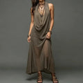 Solid Loose Elegant Maxi Dress Women's Summer Sleeveless Halter Patchwork Beach Style Holiday Fashion Simple Ladies Party Dress by Adornity