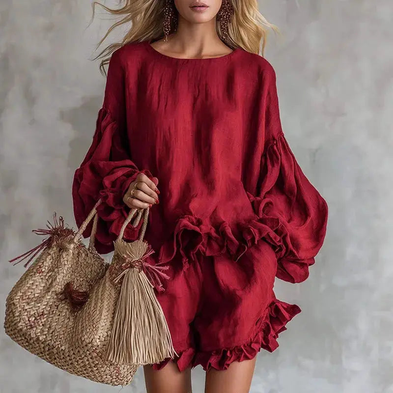 Bohemian Casual Vacation Outfits Woman Elegant O Neck Ruffle Hem Top And Beach Shorts Set Spring Solid Loose Fit Streetwear Suit by Adornity