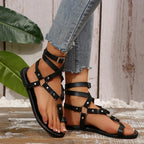 Rome Women Shoes 2026 Summer Hot Sale Women's Sandals Retro Ankle Buckle Rivet Flat Sandals British Style Plus Size Lady Shoes by Hegichi