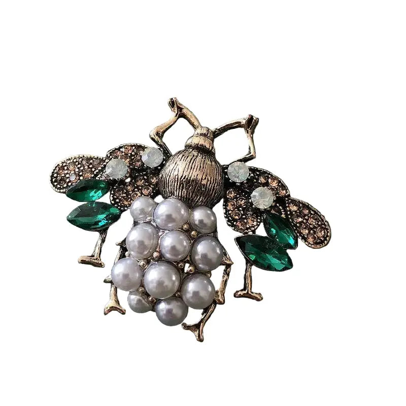 Vintage Bee Brooch - Pearl Crystal Rhinestone Metal Insect Pin Badge by Adornity