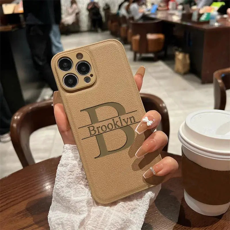 Personalized Customized Initials Name Case For iPhone 17 16 15 14 13 12 11 Pro Max Plus Big Letter Laser Engraving Leather Cover by Hegichi