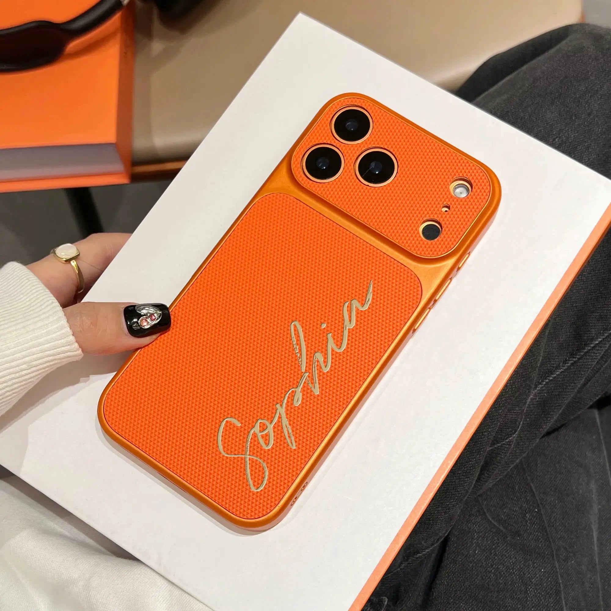 Personalized Signature Customized Name Letters Luxury Football Texture Faux Leather Phone Case Compatible With IPhone 17 Pro Max by Hegichi