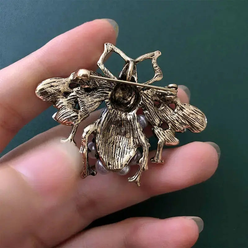 Vintage Bee Brooch - Pearl Crystal Rhinestone Metal Insect Pin Badge by Adornity