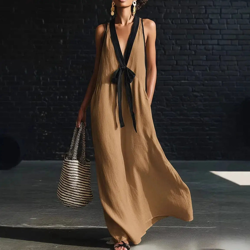 Women's Long Dress Solid Color 2026 Summer New Arrival Fashion Elegant Colorblock Deep V-neck Sleeveless Lace-Up Loose Dress by Adornity