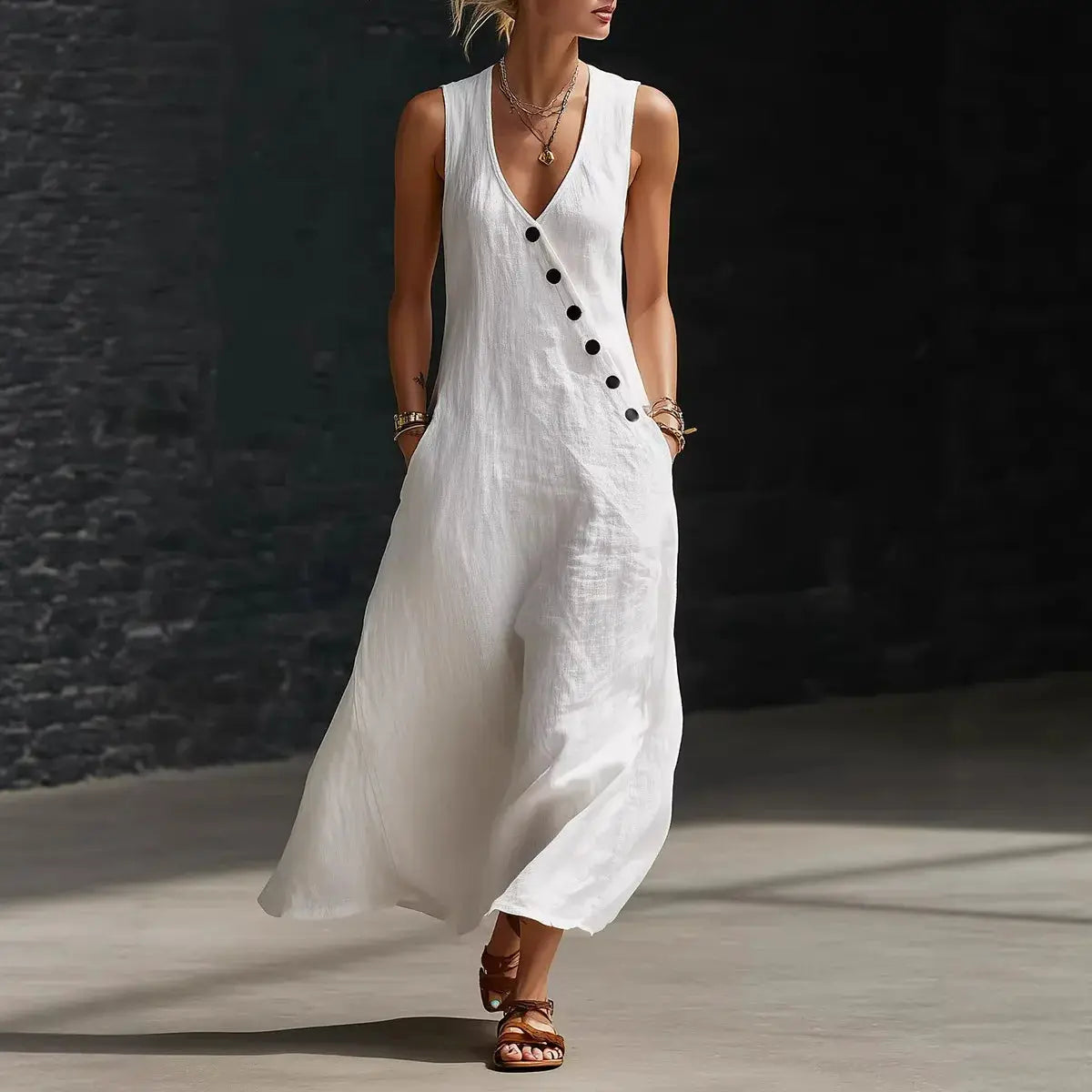 Casual Sleeveless Loose Maxi Dress Women Summer 2026 Fashion Solid Color V-neck Holliday Long Dresses Elegant by Adornity