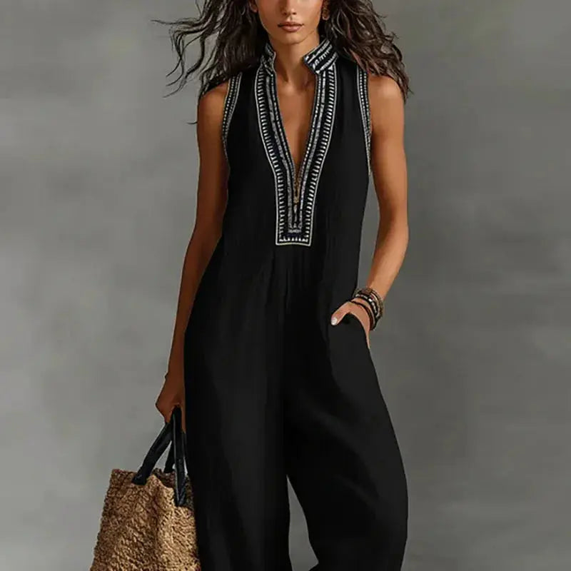 Sexy Deep V Neck Hollow Women's Jumpsuits Vintage Printed High Waist Slim Office Romper Spring Summer Sleeveless Pocket Overalls by Adornity