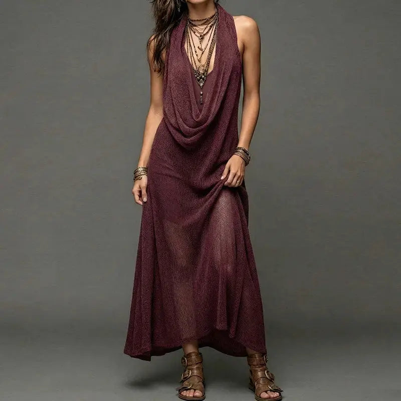 Solid Loose Elegant Maxi Dress Women's Summer Sleeveless Halter Patchwork Beach Style Holiday Fashion Simple Ladies Party Dress by Adornity