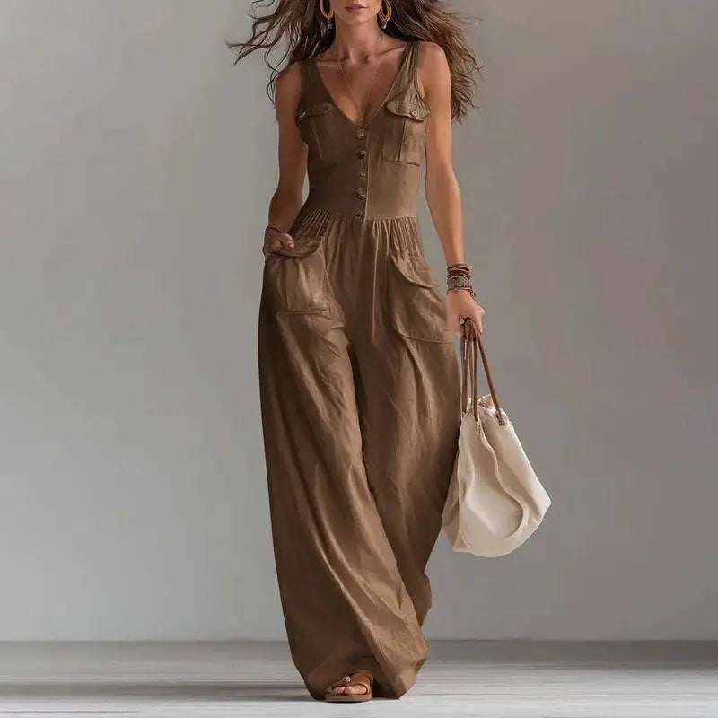 Sexy V Neck Button Wide Leg Jumpsuit Elegant Solid High Waist Woman Romper 2026 Spring Summer Sleeveless Vacation Beach Overalls by Adornity