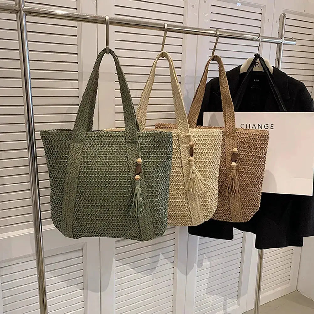 Summer Straw Women Bag Hand-Woven Handbags Handmade Raffia Beach Boho Shoulder Bag Large Tote Bag Tassel Shopping Purses by Hegichi