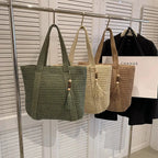 Summer Straw Women Bag Hand-Woven Handbags Handmade Raffia Beach Boho Shoulder Bag Large Tote Bag Tassel Shopping Purses by Hegichi
