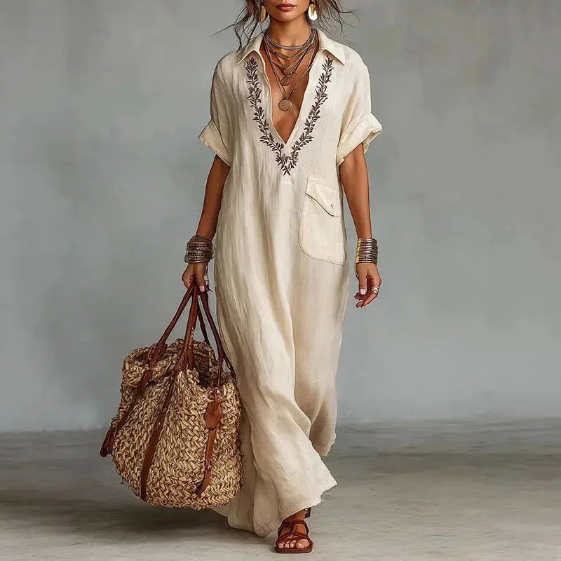 Womens Sexy Deep V Neck Print Bohemian Dress Spring Vintage Loose Long Party Dress Summer Short Sleeve Beach Vacation Maxi Dress by Adornity