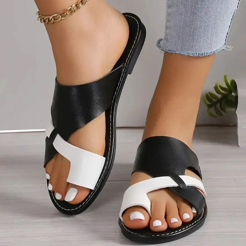 Mix Color Flat Sandals Women 2026 Summer Pu Leather Clip Toe Outdoor Slippers Woman Plus Size 43 Non Slip Beach Slide Flip Flops by Hegichi