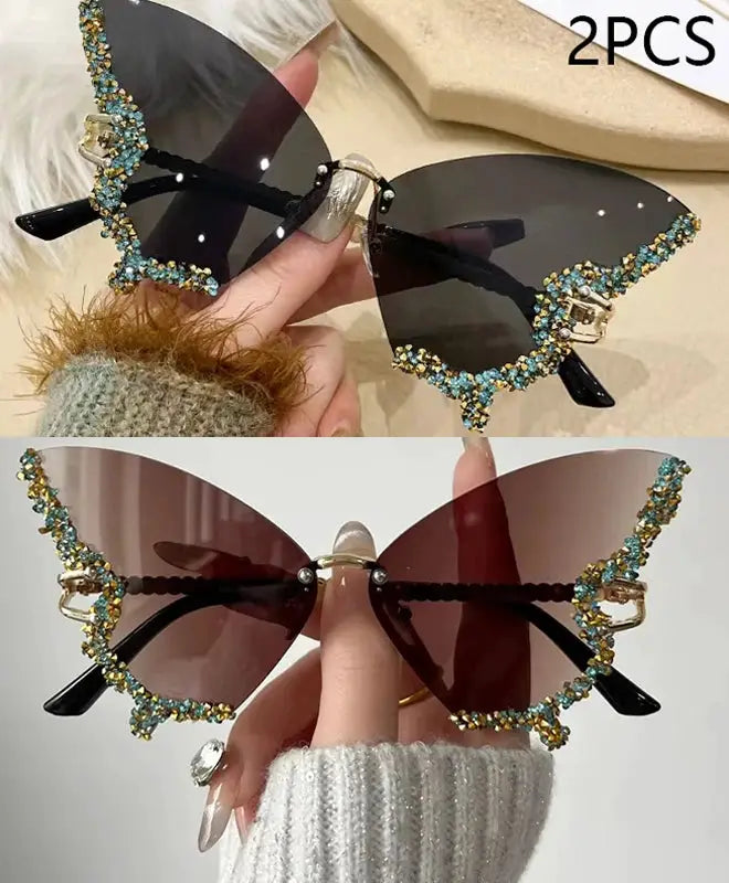 Luxury Diamond Butterfly Sunglasses Women Brand Y2K Vintage Rimless Oversized Sun Glasses Ladies Eyewear by Hegichi