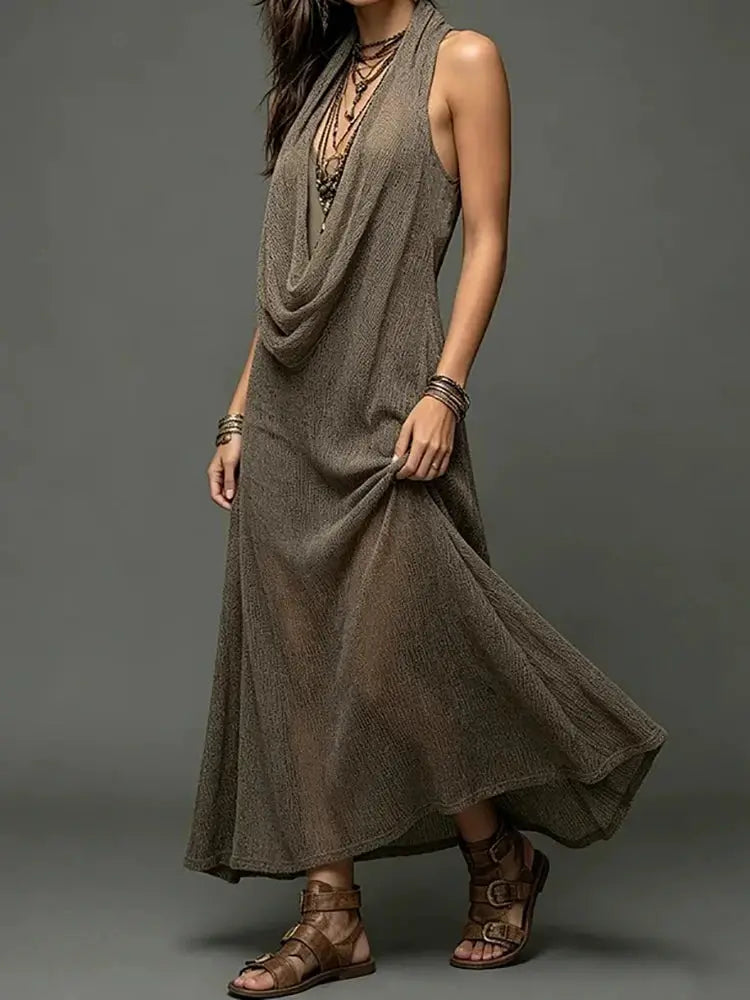 Solid Loose Elegant Maxi Dress Women's Summer Sleeveless Halter Patchwork Beach Style Holiday Fashion Simple Ladies Party Dress by Adornity