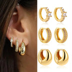 3pair/set Vintage Stainless Steel Simple Chunky Round Zircon Hoop Earrings Polished Gold Plated Rhinestone Huggie Ear Buckle New by Hegichi