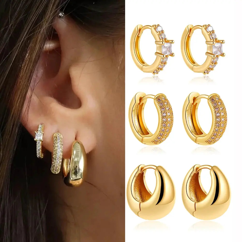 3pair/set Vintage Stainless Steel Simple Chunky Round Zircon Hoop Earrings Polished Gold Plated Rhinestone Huggie Ear Buckle New by Hegichi