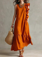 Women's Summer Irregular Ruffled Sleeveless Dress Casual Round Neck Solid Color Loose Long Dress Vestidos De Fiesta Elegantes by Adornity