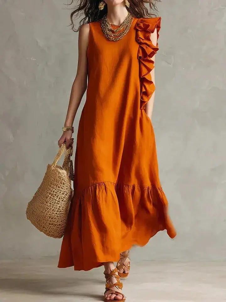 Women's Summer Irregular Ruffled Sleeveless Dress Casual Round Neck Solid Color Loose Long Dress Vestidos De Fiesta Elegantes by Adornity