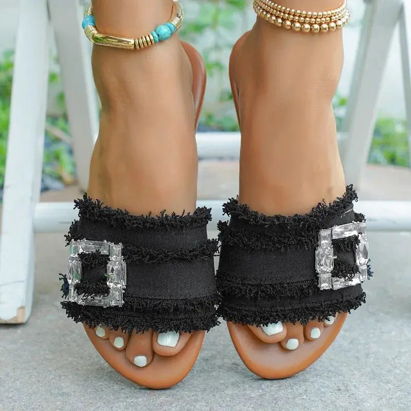 Women's Slippers Summer Sliding Metal Buckle Flat Shoes Fashion Sandals Women's Designer 2026 Comfortable Women's Shoes Slides by Adornity