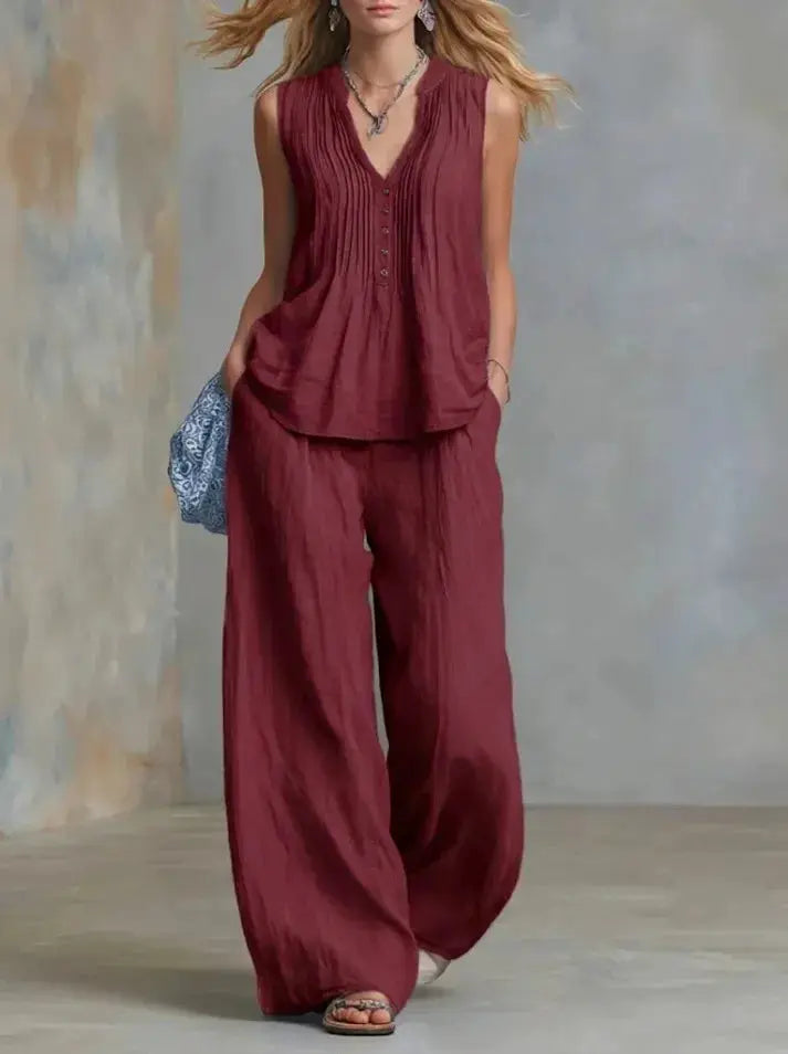 lady Button Splicing Design Top+wide Leg Pants Two-piece Set Women's Summer Fashion Sleeveless V-neck Top Pants Office Outfit by Adornity