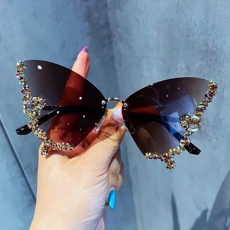 Luxury Diamond Butterfly Sunglasses Women Brand Y2K Vintage Rimless Oversized Sun Glasses Ladies Eyewear by Hegichi