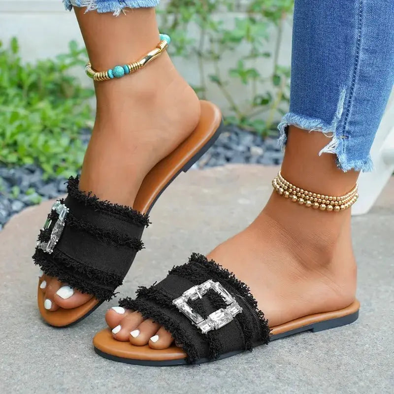 Women's Slippers Summer Sliding Metal Buckle Flat Shoes Fashion Sandals Women's Designer 2026 Comfortable Women's Shoes Slides by Adornity
