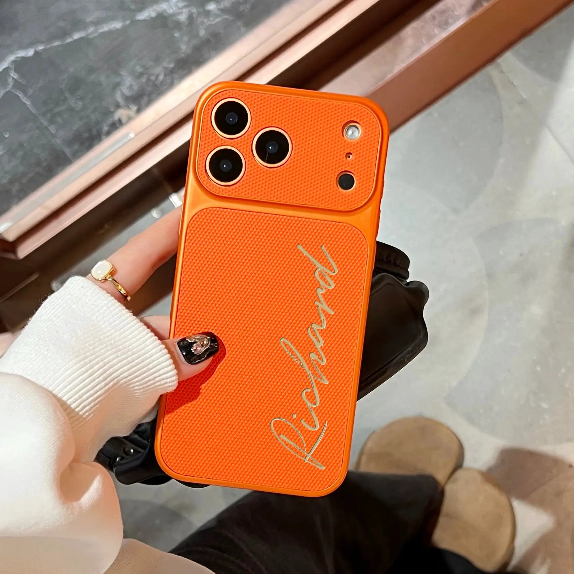 Personalized Signature Customized Name Letters Luxury Football Texture Faux Leather Phone Case Compatible With IPhone 17 Pro Max by Hegichi