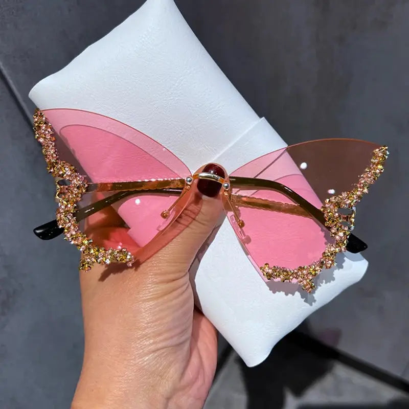 Luxury Diamond Butterfly Sunglasses Women Brand Y2K Vintage Rimless Oversized Sun Glasses Ladies Eyewear by Hegichi
