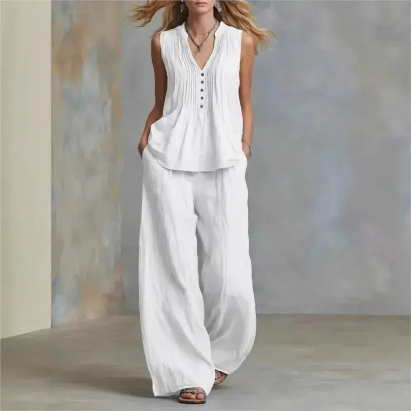 lady Button Splicing Design Top+wide Leg Pants Two-piece Set Women's Summer Fashion Sleeveless V-neck Top Pants Office Outfit by Adornity