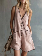 Fashion Color Blocking Wide Leg Jumpsuit V Neck Button Pocket Women's Casual Rompers Summer Sleeveless Vacation Beach Overalls by Adornity