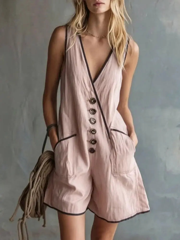 Fashion Color Blocking Wide Leg Jumpsuit V Neck Button Pocket Women's Casual Rompers Summer Sleeveless Vacation Beach Overalls by Adornity