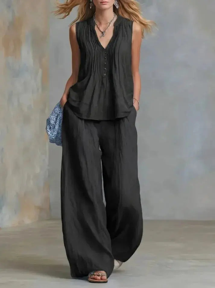 lady Button Splicing Design Top+wide Leg Pants Two-piece Set Women's Summer Fashion Sleeveless V-neck Top Pants Office Outfit by Adornity