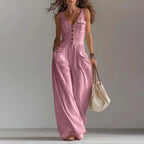 Sexy V Neck Button Wide Leg Jumpsuit Elegant Solid High Waist Woman Romper 2026 Spring Summer Sleeveless Vacation Beach Overalls by Adornity
